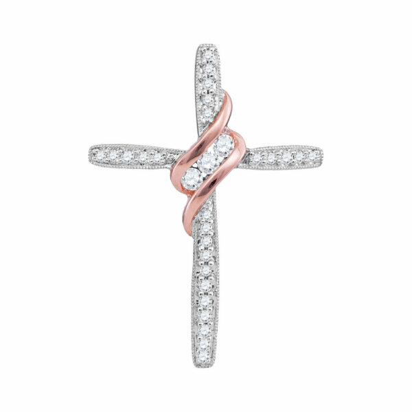 10kt White Gold Womens Round 3-Stone Diamond Rose-tone Cross Pendant 1/5 Cttw