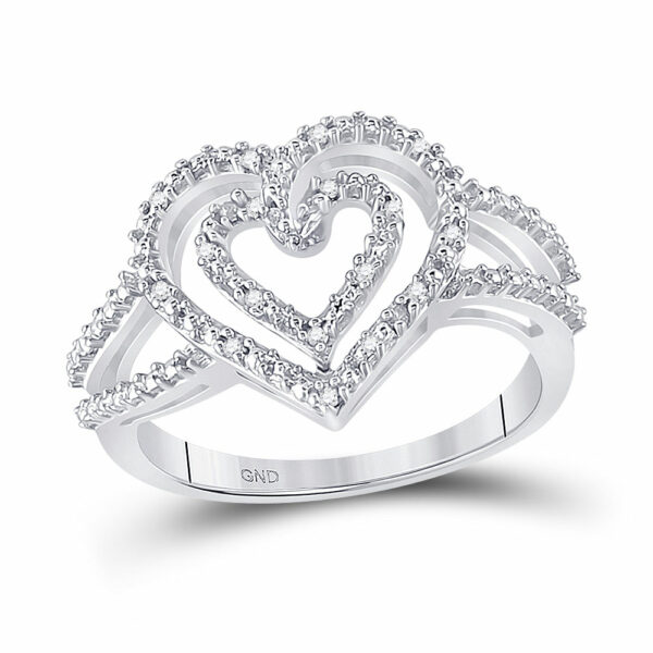 Sterling Silver Womens Round Diamond Nested Double Heart Ring 1/20 Cttw