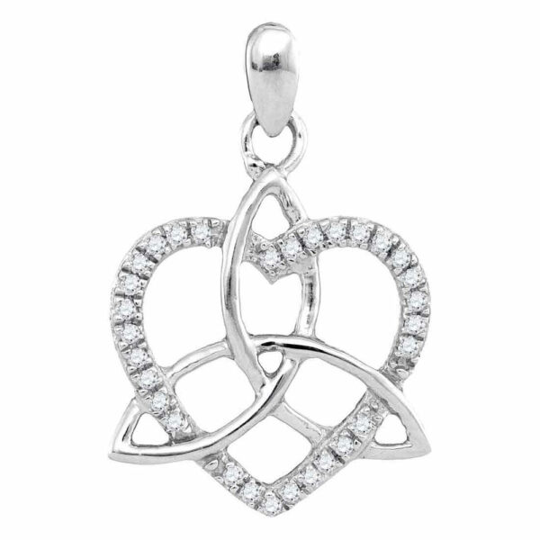 10kt White Gold Womens Round Diamond Triquetra Heart Pendant 1/10 Cttw