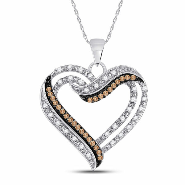 10kt White Gold Womens Round Brown Diamond Heart Pendant 1/3 Cttw