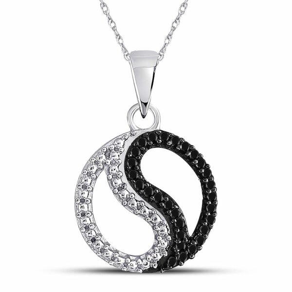 10kt White Gold Womens Round Black Color Enhanced Diamond Ying Yang Circle Pendant 1/10 Cttw