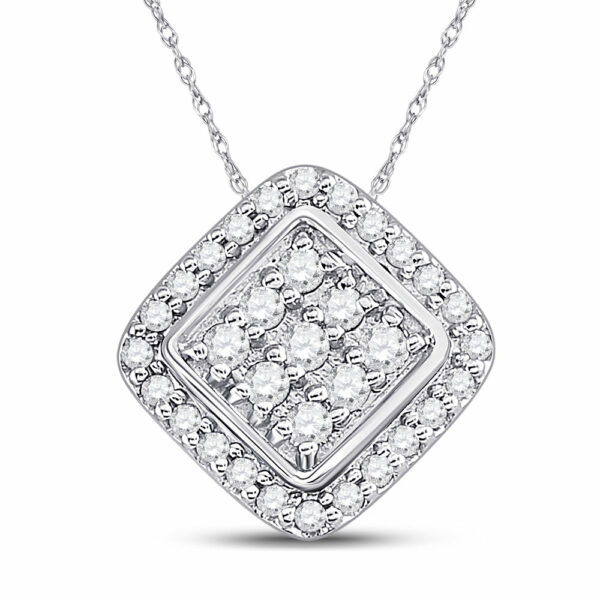 10kt White Gold Womens Round Diamond Diagonal Square Frame Cluster Pendant 1/4 Cttw