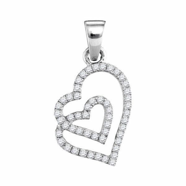 10kt White Gold Womens Round Diamond Double Heart Pendant 1/4 Cttw