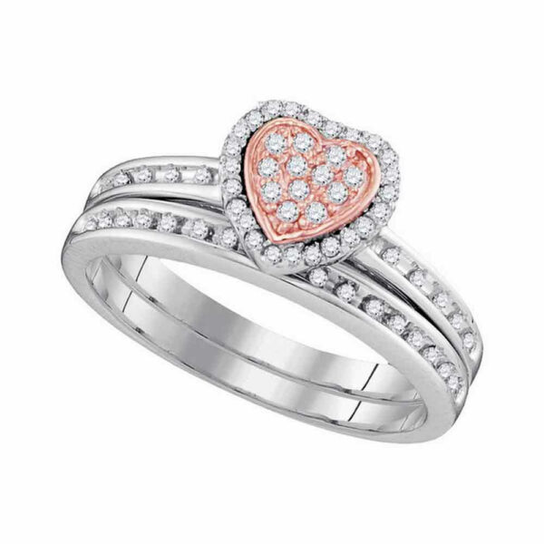 10kt Two-tone Gold Round Diamond Heart Bridal Wedding Ring Band Set 1/4 Cttw