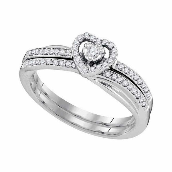 10kt White Gold Round Diamond Heart Bridal Wedding Ring Band Set 1/4 Cttw