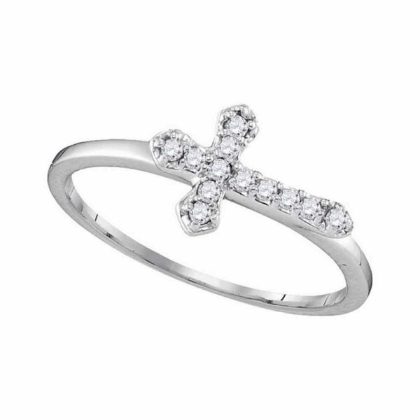 10kt White Gold Womens Round Diamond Cross Band Ring 1/8 Cttw