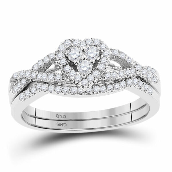 10kt White Gold Round Diamond Heart Bridal Wedding Ring Band Set 3/8 Cttw