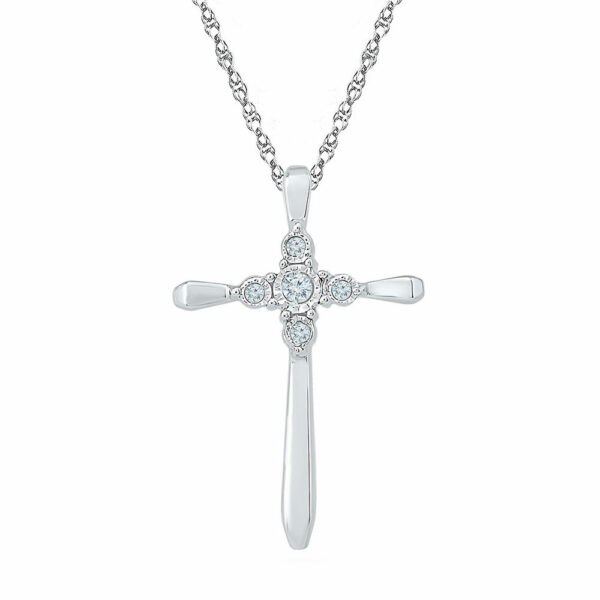 10kt White Gold Womens Round Diamond Cross Religious Pendant 1/20 Cttw