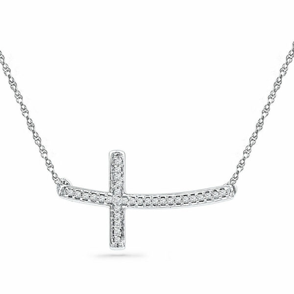 Sterling Silver Womens Round Diamond Horizontal Sideways Cross Necklace 1/10 Cttw