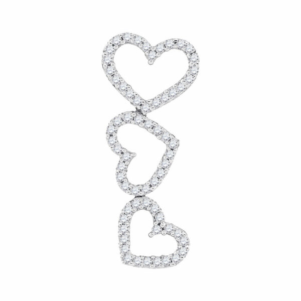 10kt White Gold Womens Round Diamond Triple Cascading Heart Outline Pendant 1/5 Cttw