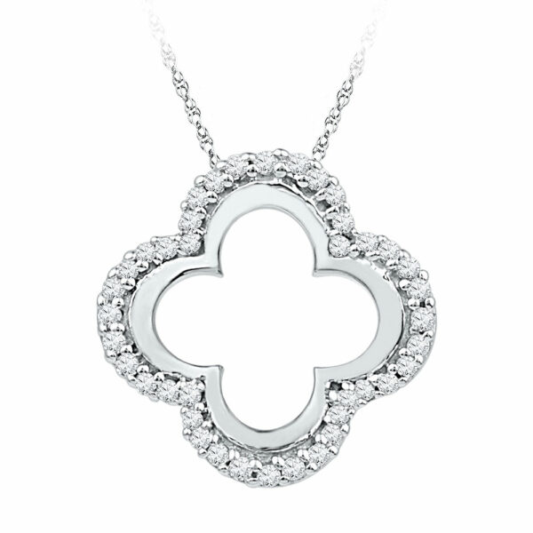 10kt White Gold Womens Round Diamond Quatrefoil Cutout Pendant 1/8 Cttw