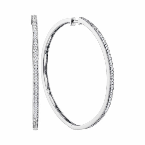 10kt White Gold Womens Round Diamond Slender Large Milgrain Hoop Earrings 1/3 Cttw