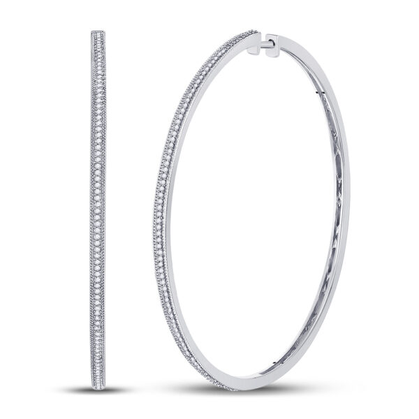 10kt White Gold Womens Round Diamond Large Slender Milgrain Hoop Earrings 1/2 Cttw