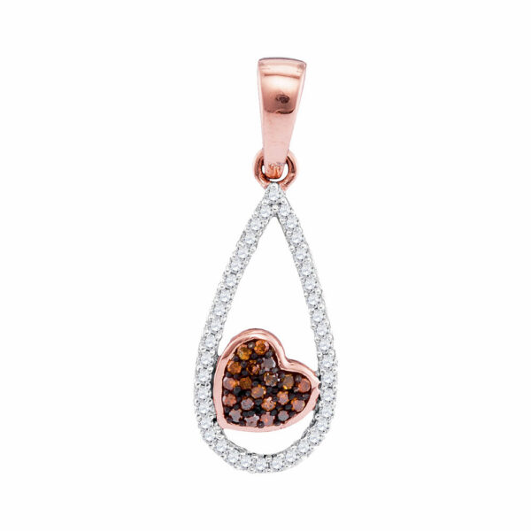 10kt Rose Gold Womens Round Red Color Enhanced Diamond Teardrop Heart Pendant 1/8 Cttw