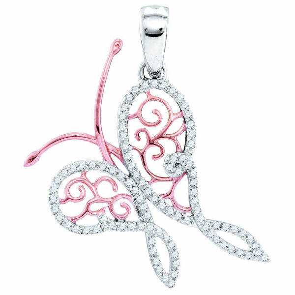 10k White Gold Round Pave Diamond 2-tone Butterfly Bug Womens Pendant 1/5 Cttw