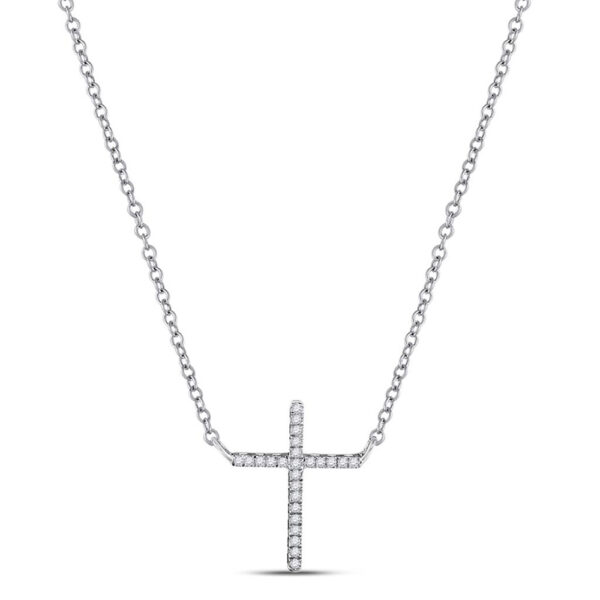 10kt White Gold Womens Round Diamond Cross Religious Pendant Necklace 1/12 Cttw