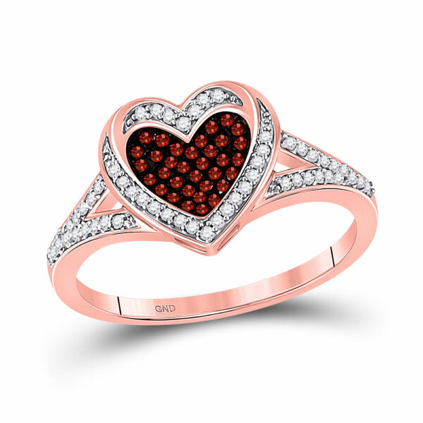 10kt Rose Gold Womens Round Red Color Enhanced Diamond Heart Ring 1/5 Cttw