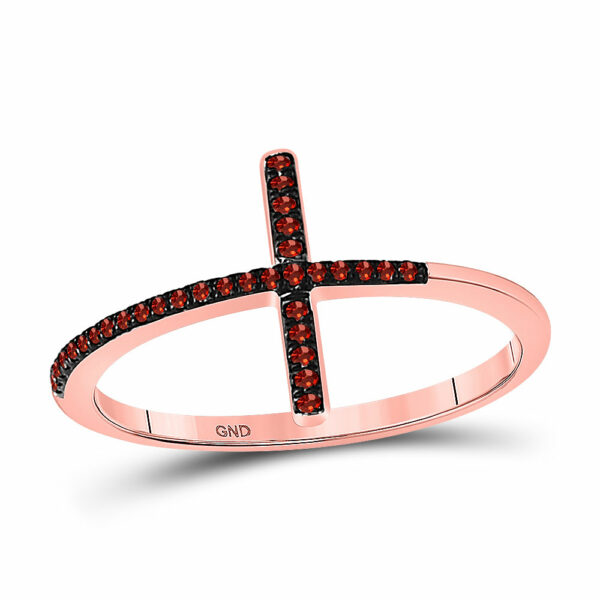 10kt Rose Gold Womens Round Red Color Enhanced Diamond Cross Religious Band Ring 1/10 Cttw