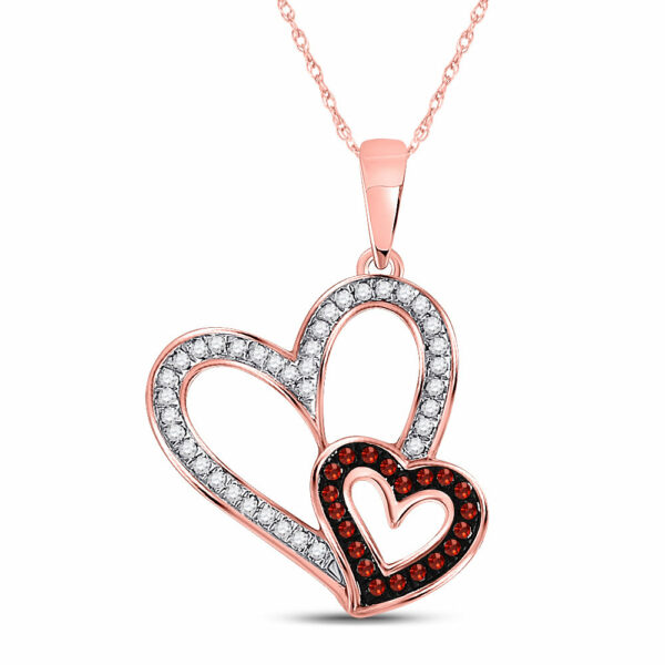 10kt Rose Gold Womens Round Red Color Enhanced Diamond Double Heart Pendant 1/6 Cttw