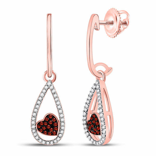 10kt Rose Gold Womens Round Red Color Enhanced Diamond Heart Dangle Earrings 1/5 Cttw