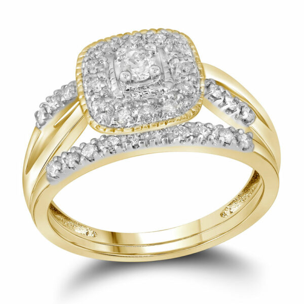 10kt Yellow Gold Round Diamond Square Halo Bridal Wedding Ring Band Set 1/3 Cttw