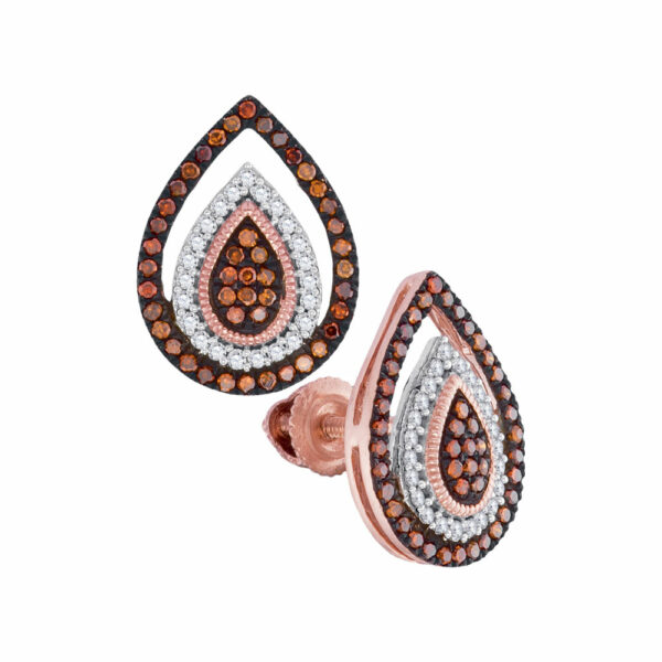 10kt Rose Gold Womens Round Red Color Enhanced Diamond Teardrop Cluster Earrings 1/3 Cttw