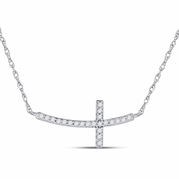 10kt White Gold Womens Round Diamond Horizontal Cross Necklace 1/20 Cttw