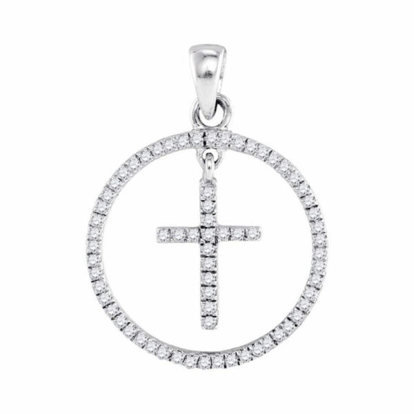 10kt White Gold Womens Round Diamond Circle Cross Pendant 1/4 Cttw