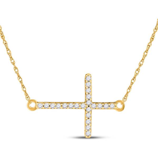 10kt Yellow Gold Womens Round Diamond Horizontal Cross Necklace 1/20 Cttw