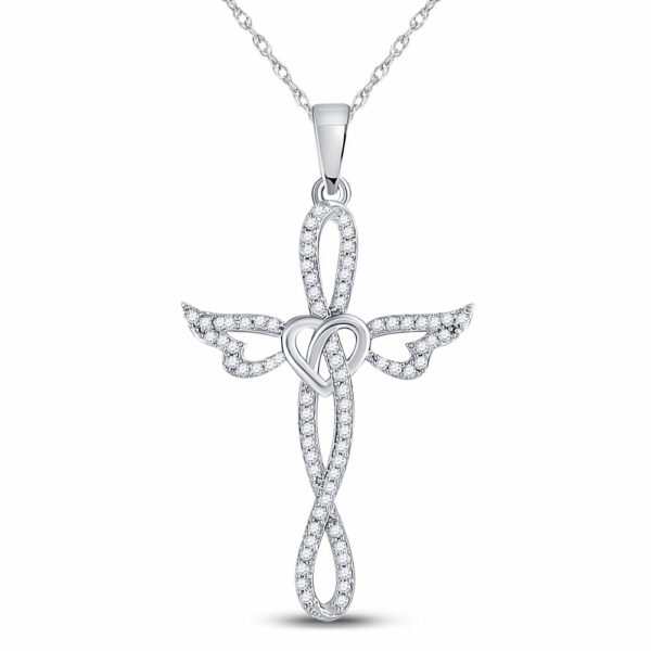 10kt White Gold Womens Round Diamond Cross Heart Winged Pendant 1/5 Cttw