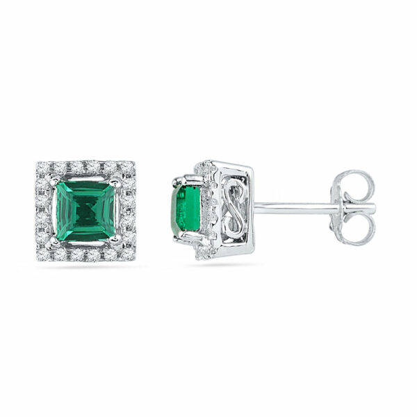 10kt White Gold Womens Princess Lab-Created Emerald Stud Earrings 1/8 Cttw